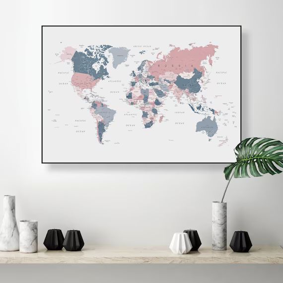 World Map downloadable print Pink and blue map of the world Large digital download world map blus... | Etsy (US)