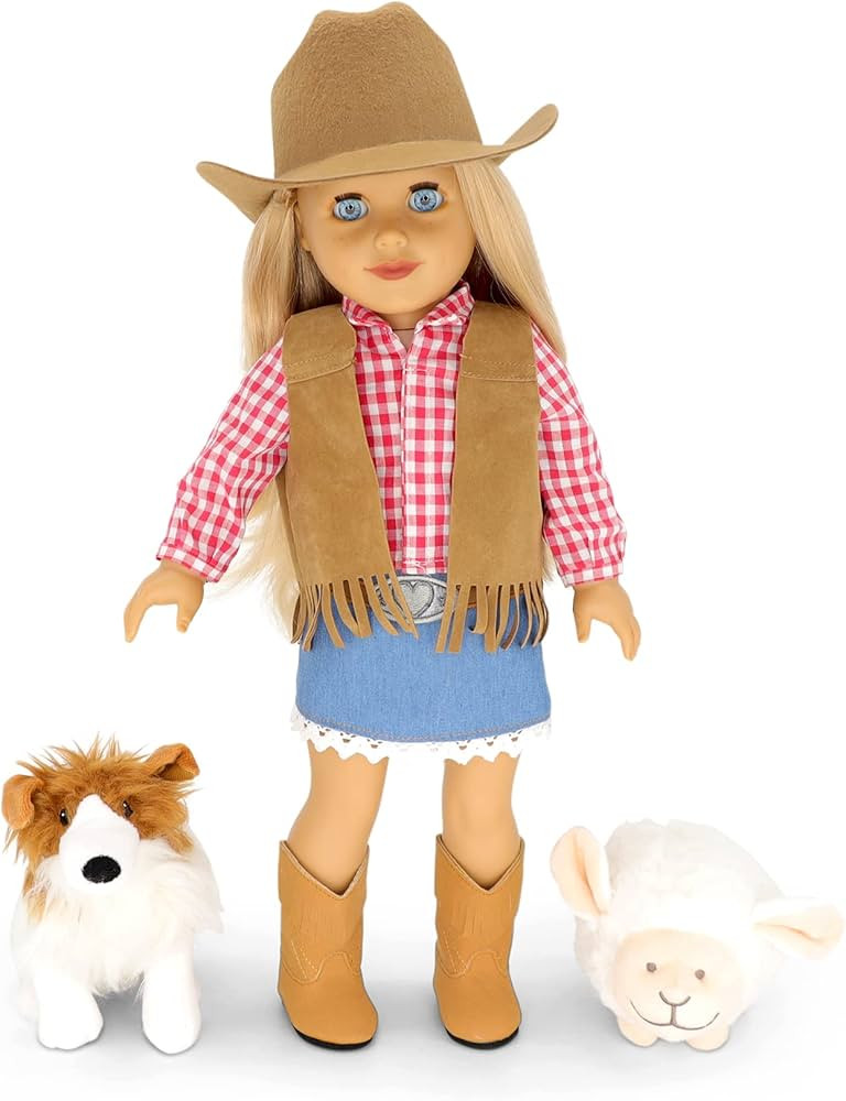 Playtime by Eimmie 18 Inch Doll Clothes and Accessories - Cowgirl Outfit with Plaid Shirt, Fringe... | Amazon (US)