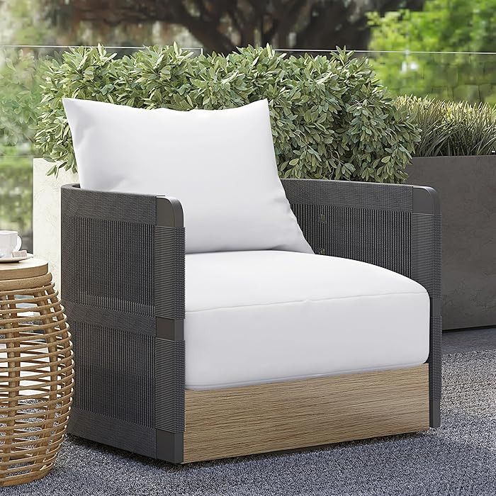 360° Woven Rope Swivel Patio Chair,Outdoor Rocking Chairs, Black Wicker Frame & White Seat Cushi... | Amazon (US)