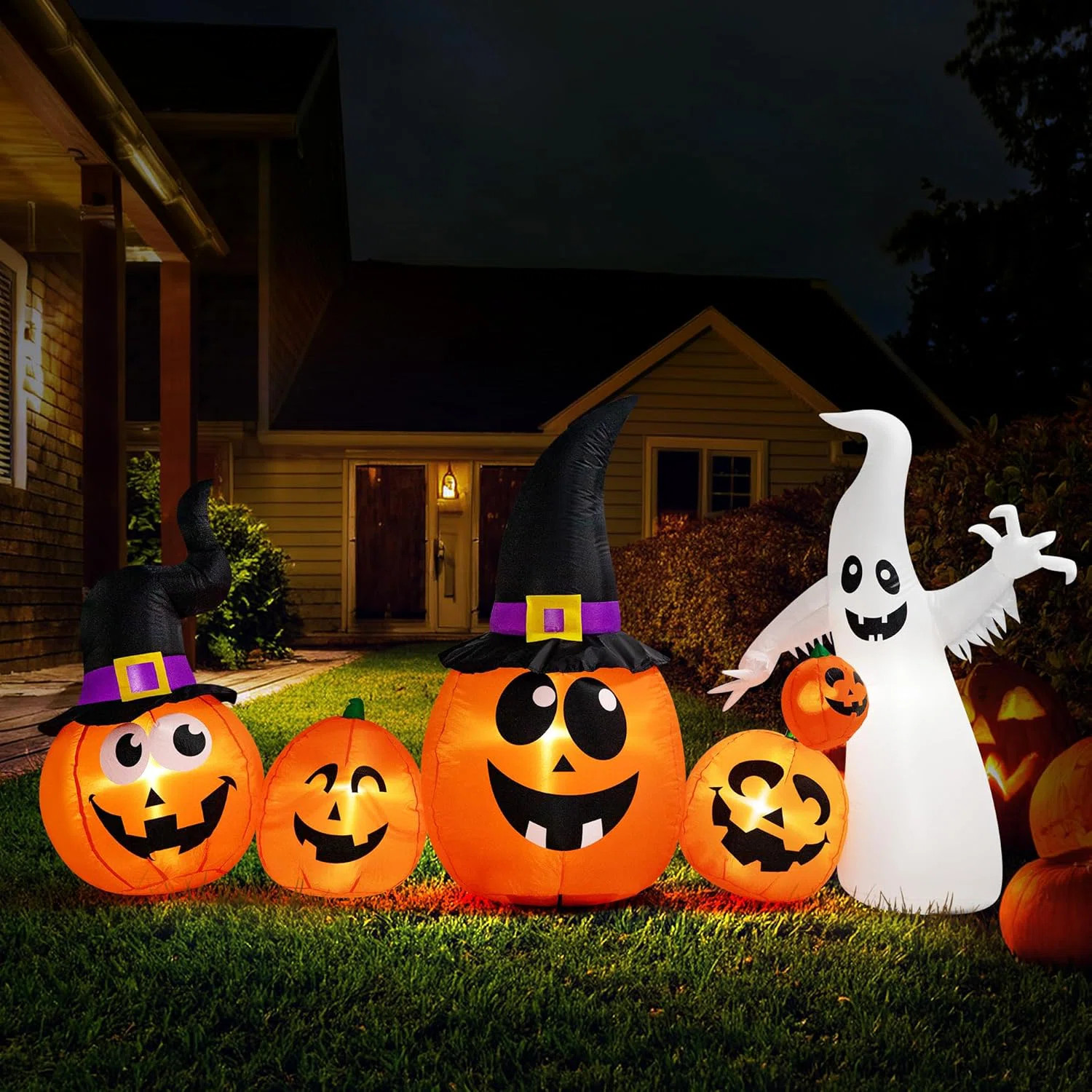 94" W Lighted Self-Inflating Halloween Pumpkin Family with Ghost Inflatable | Wayfair North America
