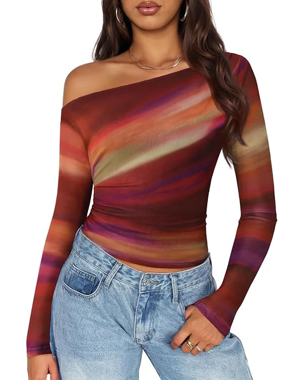 ZESICA Women's Floral Off Shoulder Long Sleeve Tops 2025 Fall Mesh Ruched Fitted Trendy Going Out... | Amazon (US)