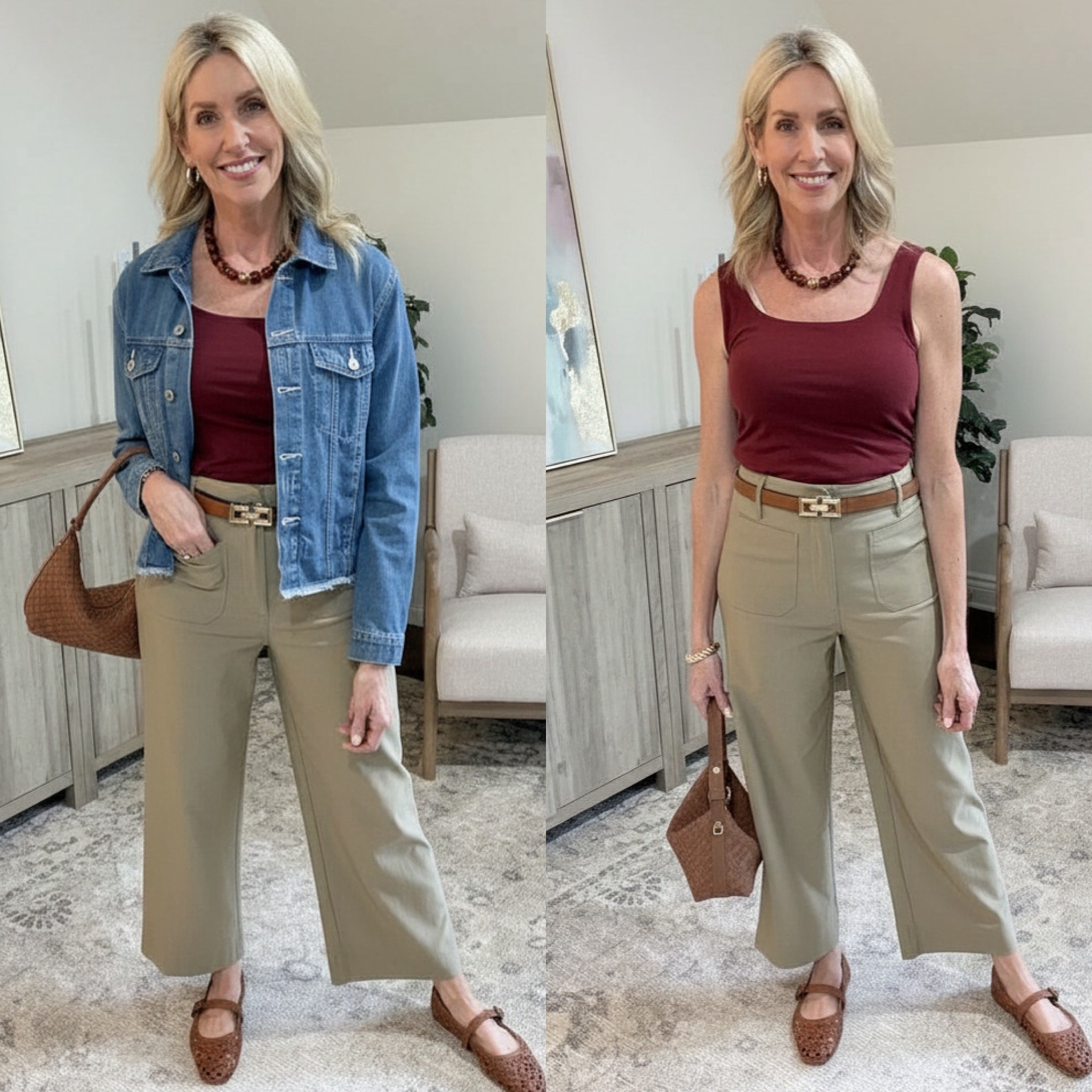 Frumpy isn’t coming from the pants—it’s coming from proportion and structure! Here’s a few tips to style wide leg pants or jeans.

1. Define your waist (non-negotiable). A tucked or fitted top is what keeps this from going boxy and shapeless.

2. Balance volume on top! Wide on the bottom = streamlined on top. Think: tanks, fitted tees, slim knits, or a slightly tailored blouse. 

3. Cropped or structured layers only. Avoid long cardigans or tunics = where “frumpy” sneaks in fast.

4. Choose the right shoe
-  Pointed toe or almond toe = elongates
- Slight heel or structured flat = polished
- Avoid clunky + round + flat all together (can feel heavy)

5. Add intention (belt, jewelry, bag). Wide-leg pants need a little “finish” so they don’t feel lazy. Belt, necklace, structured bag.

My outfit fits true to size.

#LTKOver40 #LTKgrwm #LTKootd