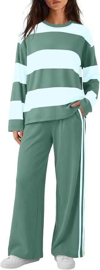 Panadila Womens Striped Lounge Set Long Sleeve Top and Wide Leg Pants | Amazon (US)