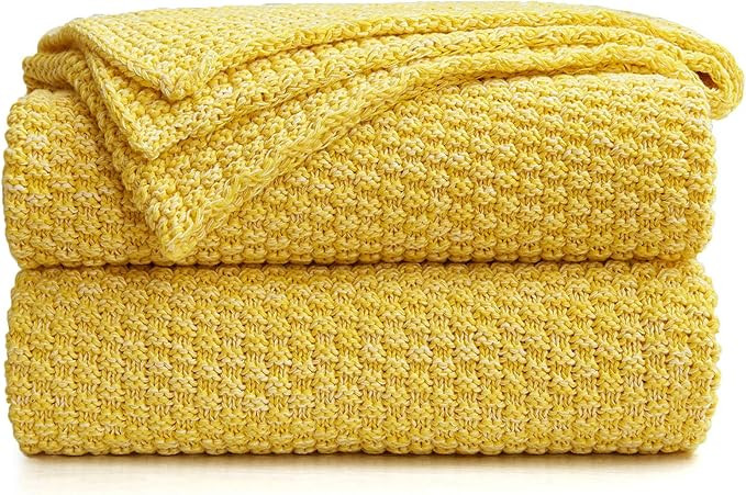 Longhui bedding Bright Yellow Knitted Throw Blanket for Couch, Soft, Cozy Machine Washable 100% C... | Amazon (US)