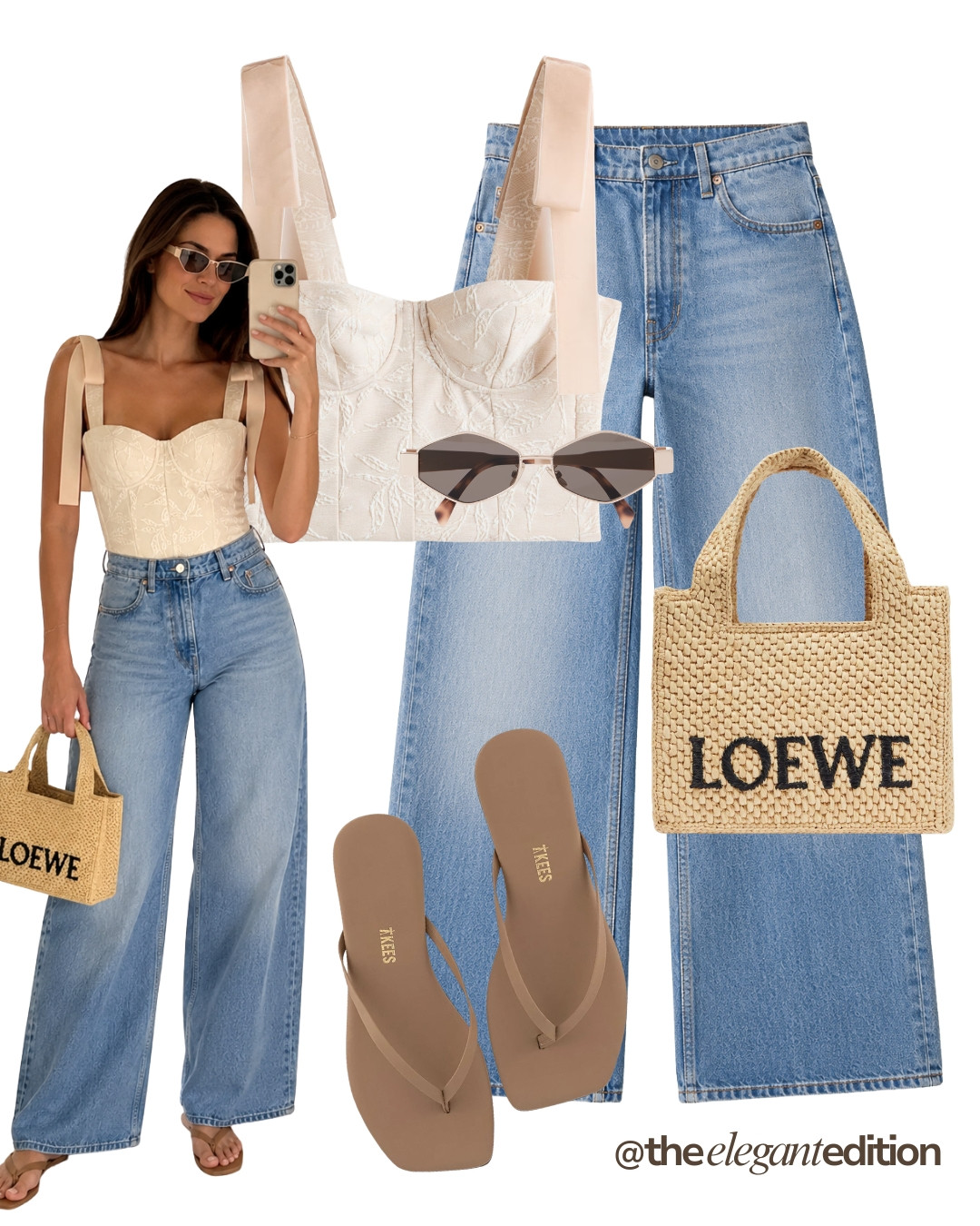 CORSET TOP & DENIM LOOK 🤍 — Floral embroidered corset top, wide-leg blue denim jeans, Loewe raffia tote and nude flip flops. Effortlessly elegant for a summer day out.
#summeroutfit #oldmoney #quietluxury #denim #loewe #LTKsummer #LTKstyletip 

 #LTKeurope #LTKsummer #LTKjeans