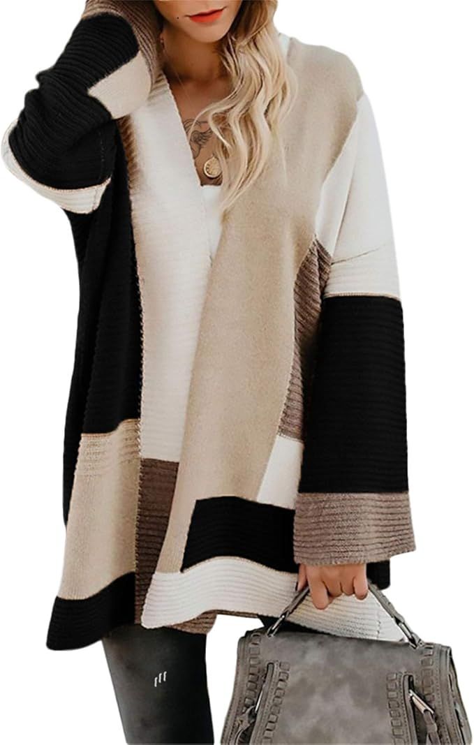 Byinns Women's Color Block Oversized Sweater Cardigan Long Bell Sleeve Loose Casual Knit Coat | Amazon (US)