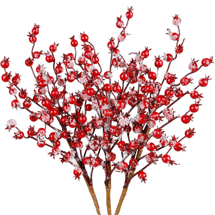 winemana 3 Pack 17 in Large Red Berry Picks, Artificial Christmas Berries Stems with Ice Snow Lon... | Amazon (US)