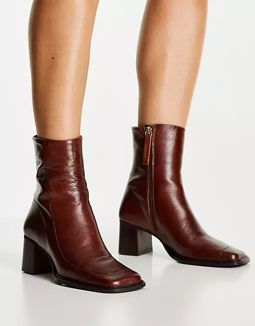 ASOS DESIGN Roberta premium leather square toe boots in brown | ASOS (Global)