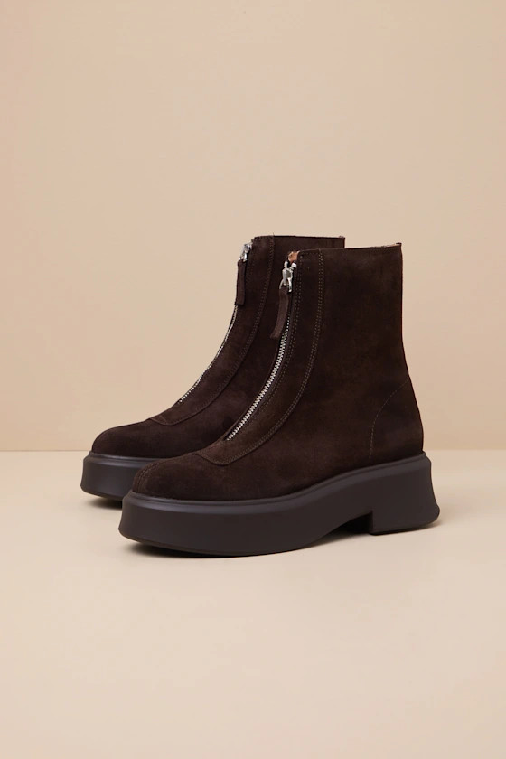 Jones Brown Suede Leather Zip-Front Platform Ankle Boots | Lulus