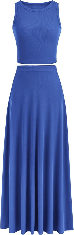 PRETTYGARDEN Women's 2 Piece Maxi Skirt Sets Casual Summer Knit Cropped Tank Top High Waisted Lon... | Amazon (US)