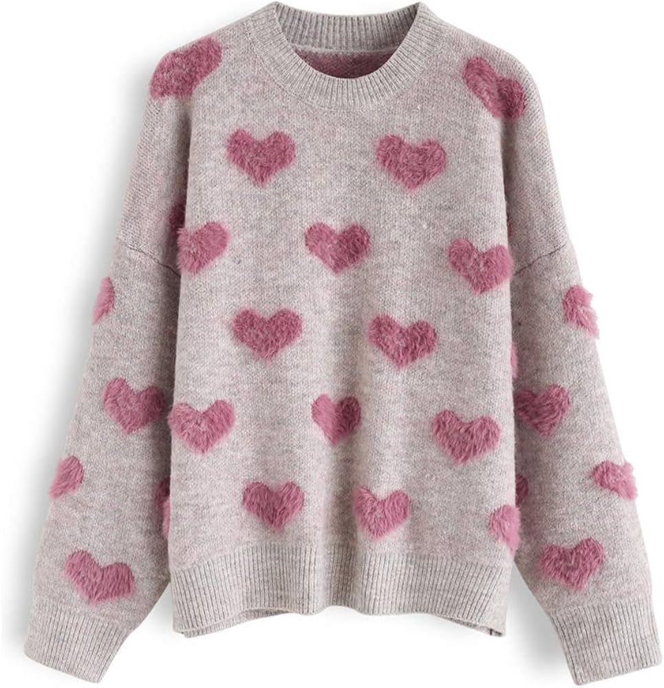 CHICWISH Women's Comfy Casual Pink Fuzzy Hearts Knit Sweater Pullover Sweatershirt | Amazon (US)