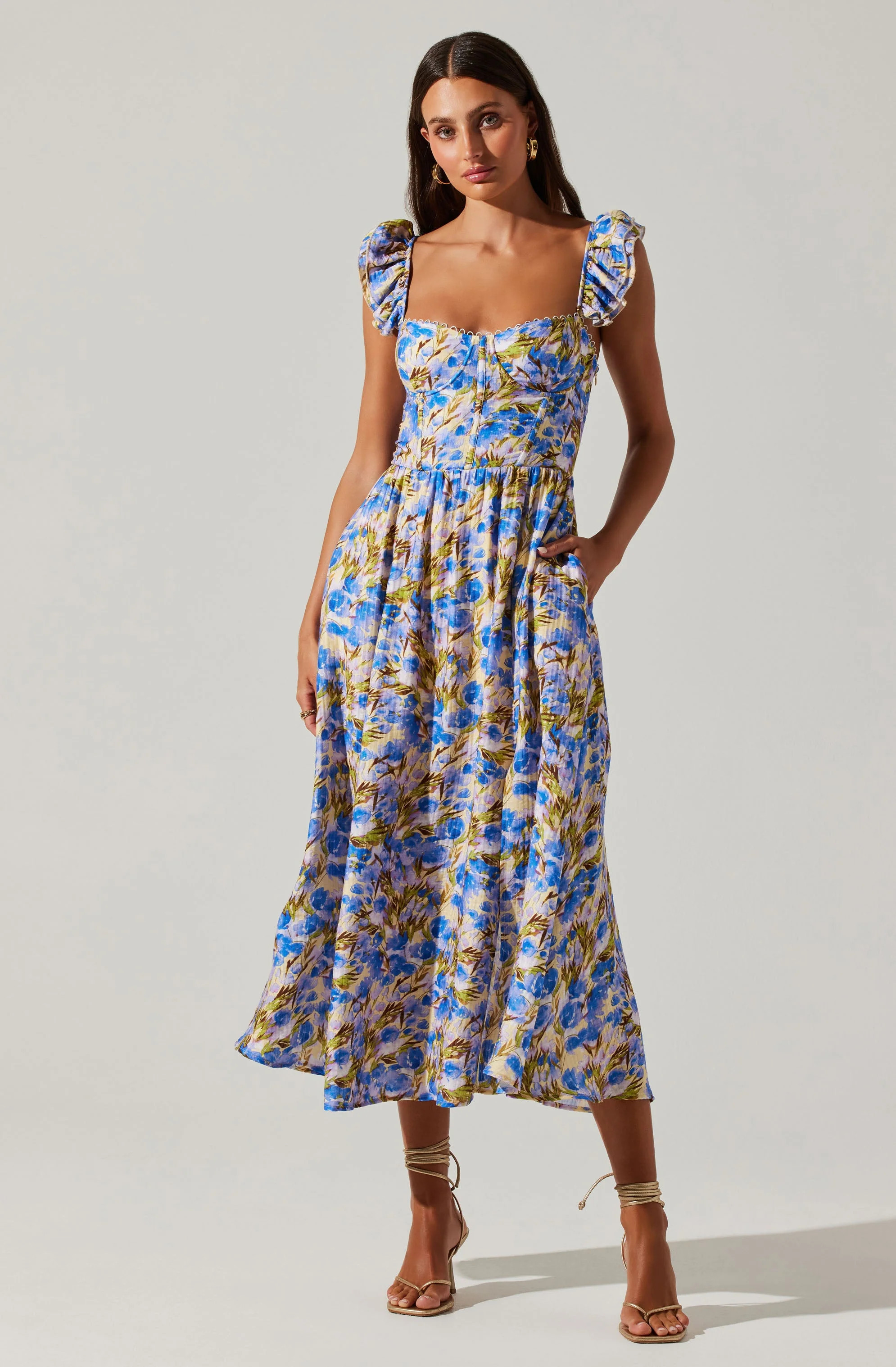 Wedelia Floral Bustier Midi Dress - Yellow blue floral / M | ASTR The Label (US)