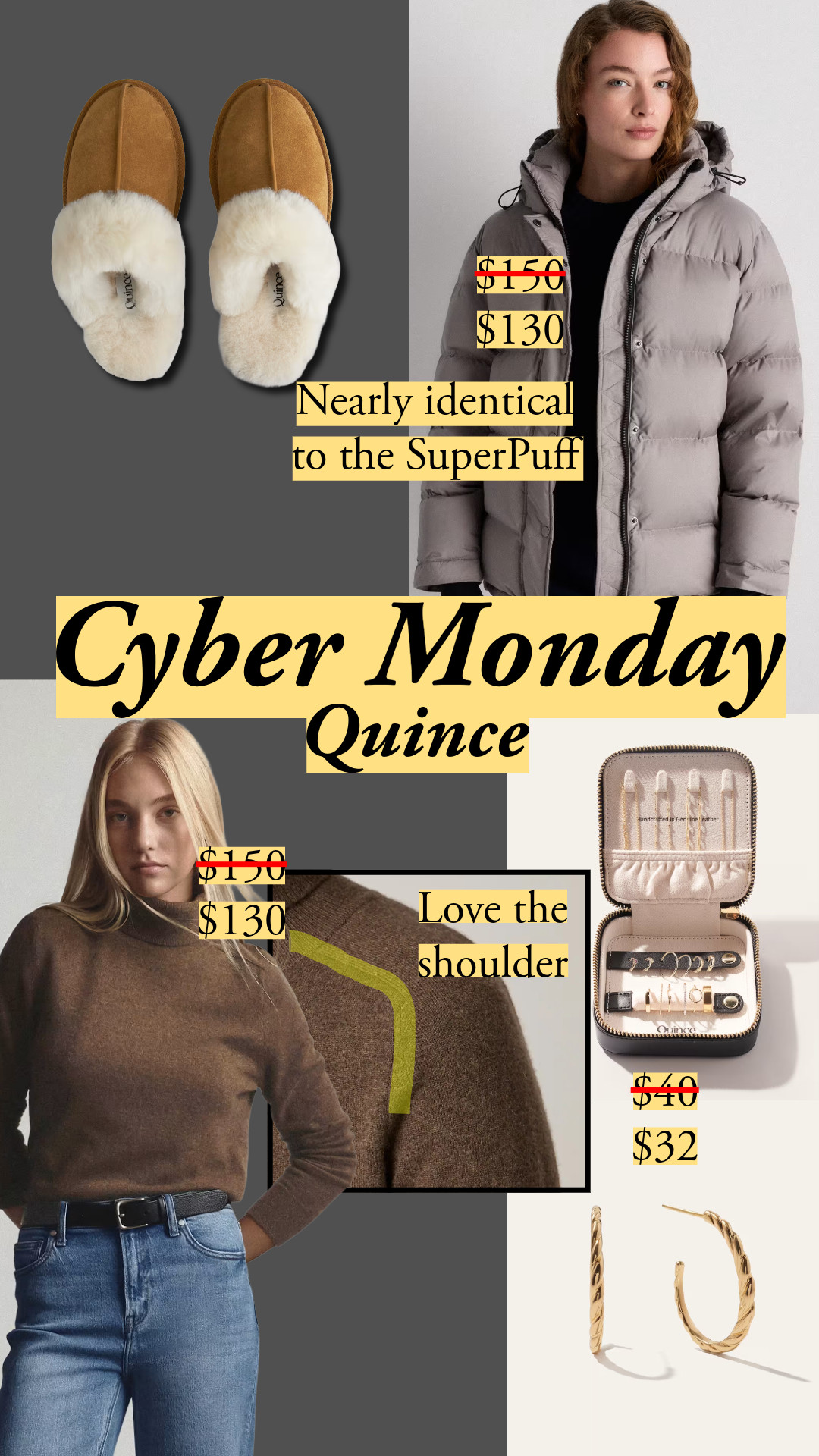 This Quince puffer is nearly identical to that SuperPuff – the color selection is the main difference imo. Love the saddle stitched shoulder on the cashmere turtleneck! Really great finds today 🤎 Cyber Monday, Australian shearling slippers, shearling scuffs, holiday gifts, jewelry box, gold vermeil earrings, freshwater pearls, modern classic capsule, winter layers 

 #LTKCyberWeek #LTKGiftGuide #LTKFindsUnder50