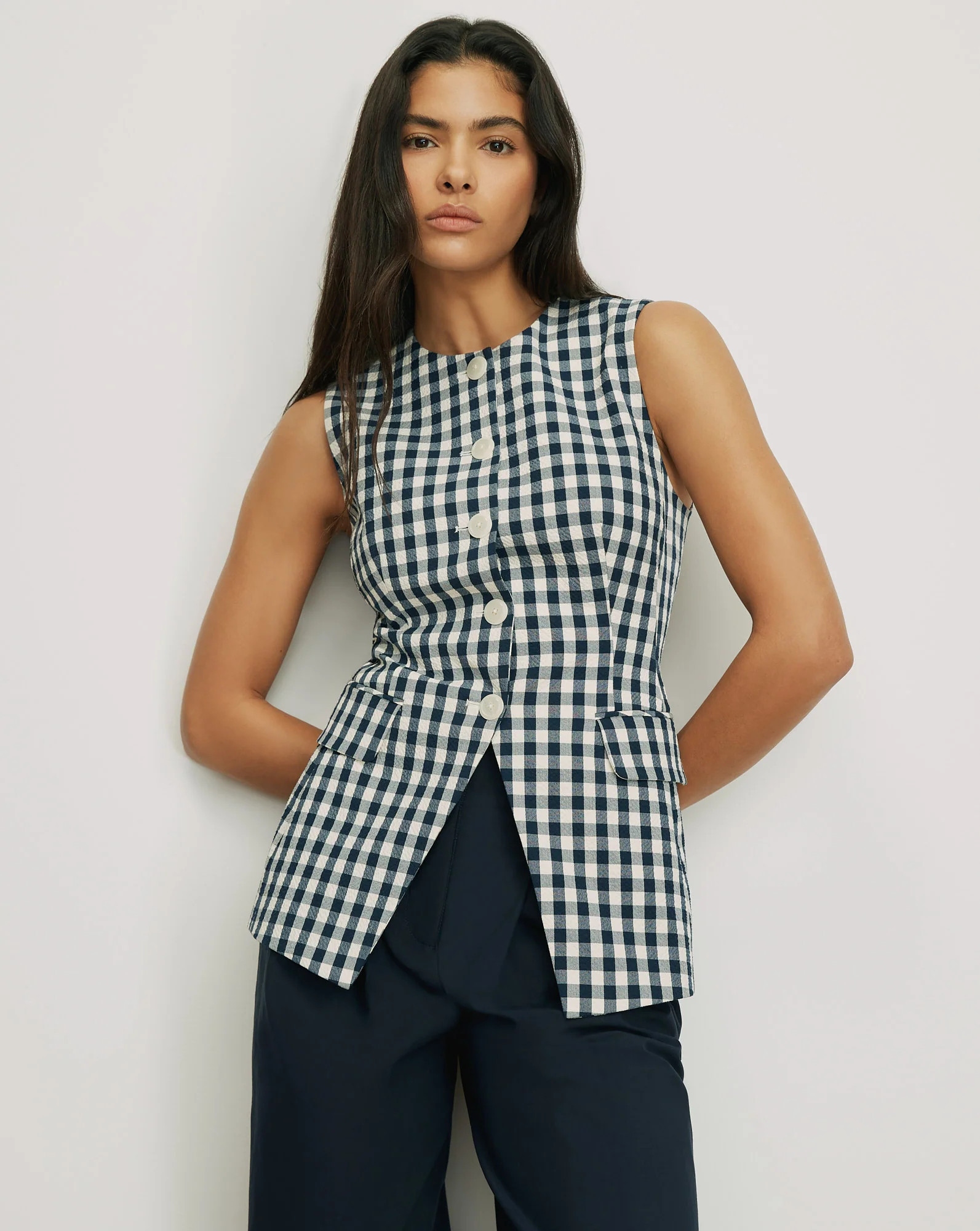 Veronica Beard Lois Gingham Vest Navy Dove White | Veronica Beard