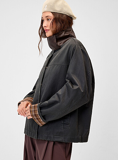 Funnel-neck waxed cotton boxy-fit jacket | Simons
