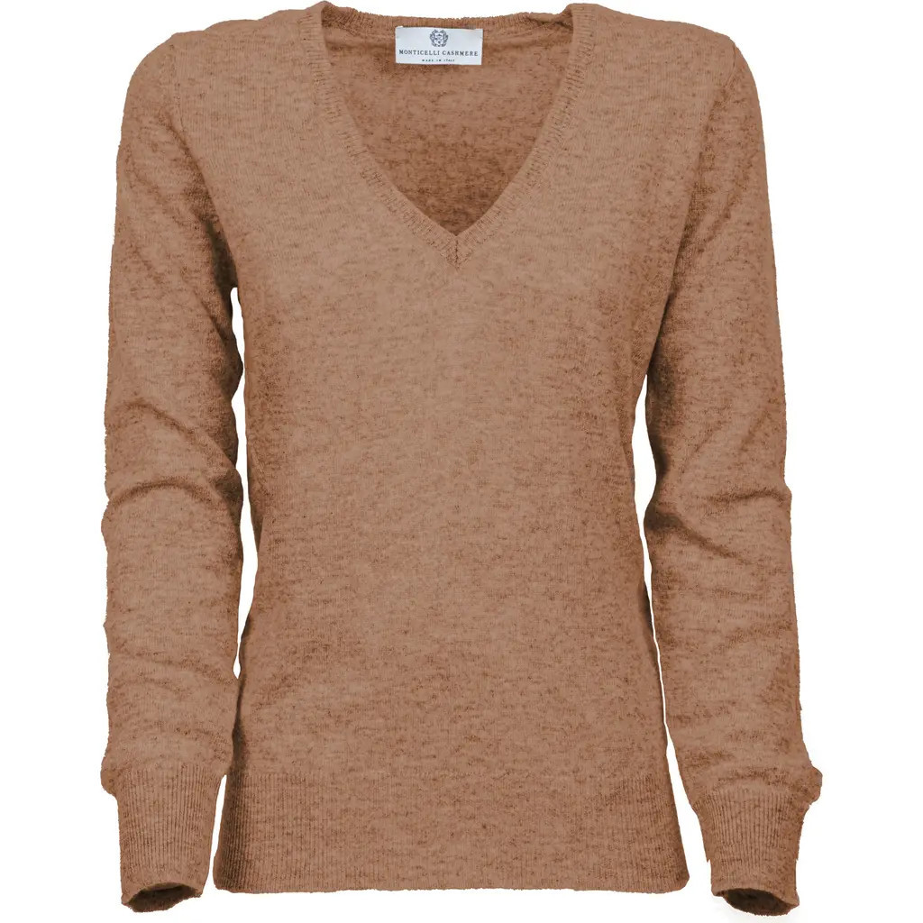Monticelli Cashmere Pure Cashmere Essential V-Neck Sweater in Camel at Nordstrom, Size Small | Nordstrom