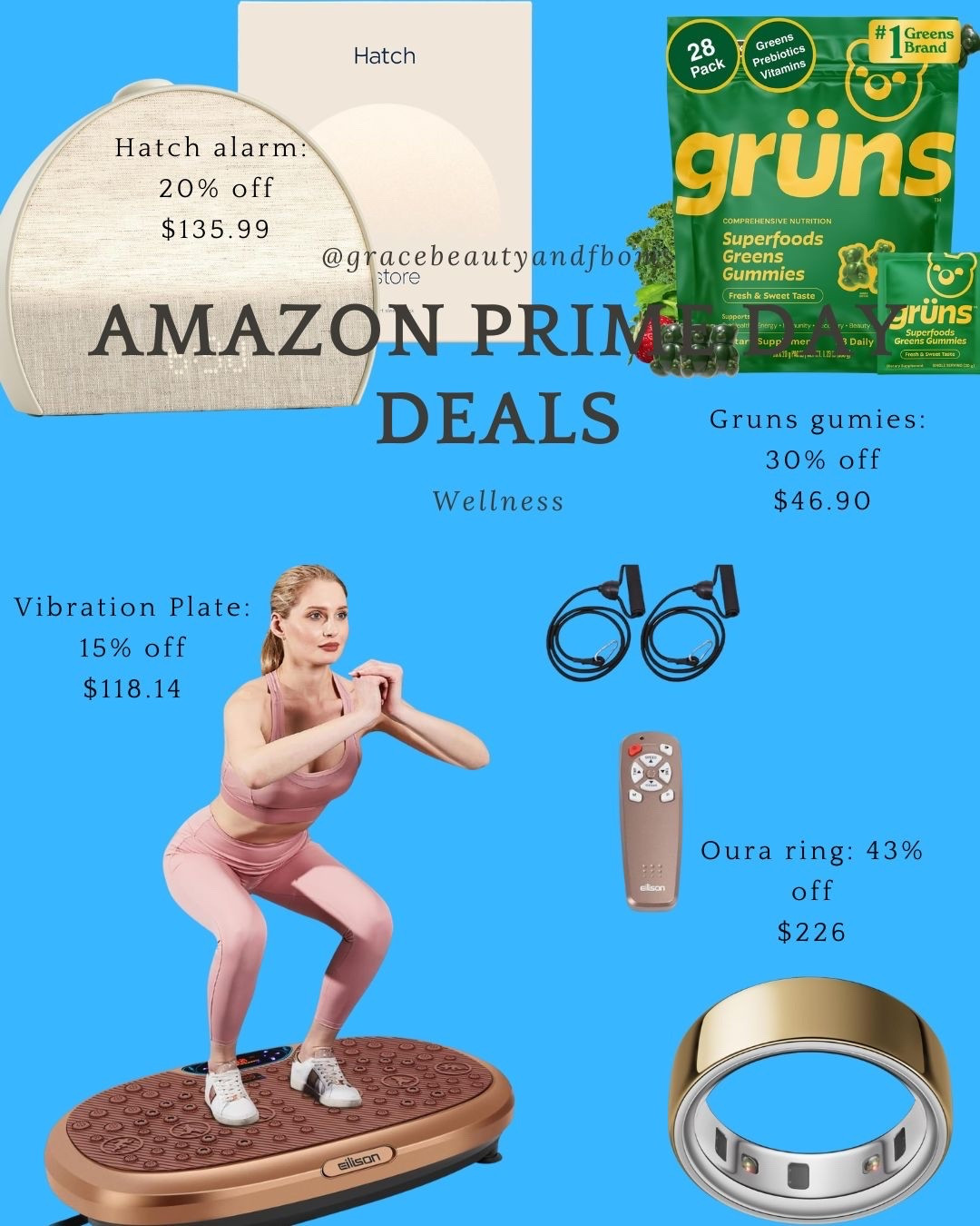 Amazon Prime Day Deals are here! Here are my favorite wellness deals. I wear my Oura ring everyday. It tracks SO many more metrics than the Apple watch!
I had to stop taking Nutrafol because it has such Vitamin D content that it was messing with my gut, so I now stick to the @gruns gumimes. And this is the exact vibration plate I use after every workout! Helps with lymphatic drainage, balance, and so much more. Lastly I added an item I am buying while it's on sale - the Hatch Alarm clock. #amazonprimedaydeals #amazonsale

#LTKSaleAlert #LTKfitnessgoals #LTKOver40