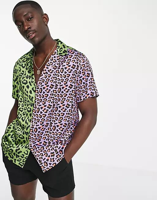 ASOS DESIGN relaxed revere shirt in color block leopard print | ASOS (Global)
