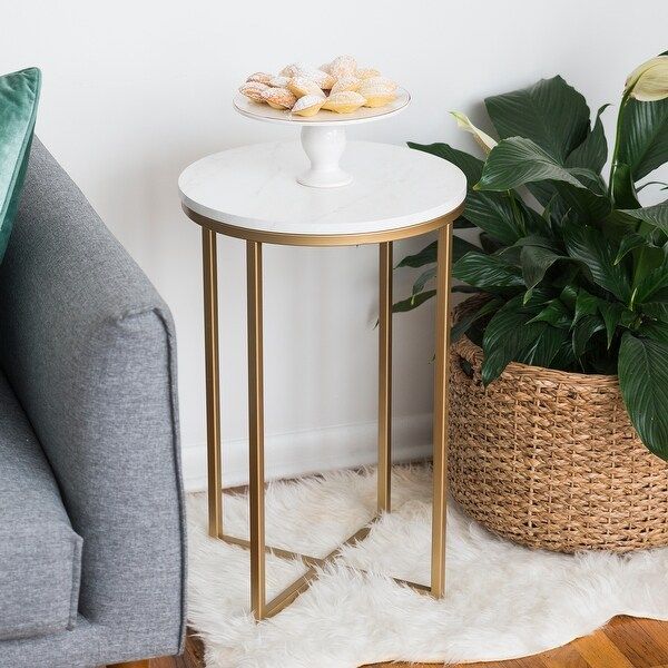 Silver Orchid Helbling Modern Round Side Table - Gold / White Faux Marble | Bed Bath & Beyond