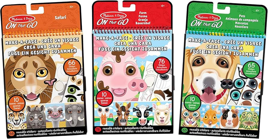 Melissa & Doug Make-a-Face Reusable Sticker Pad Animals 3-Pack (Safari, Farm, Pets) | Amazon (US)