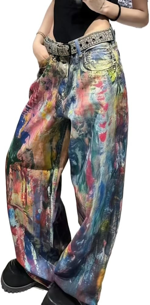 Unisex Y2k Vintage Color Ink Oil Painting Jeans Hiphop Rainbow Graffiti Streetwear Harajuku Baggy... | Amazon (US)