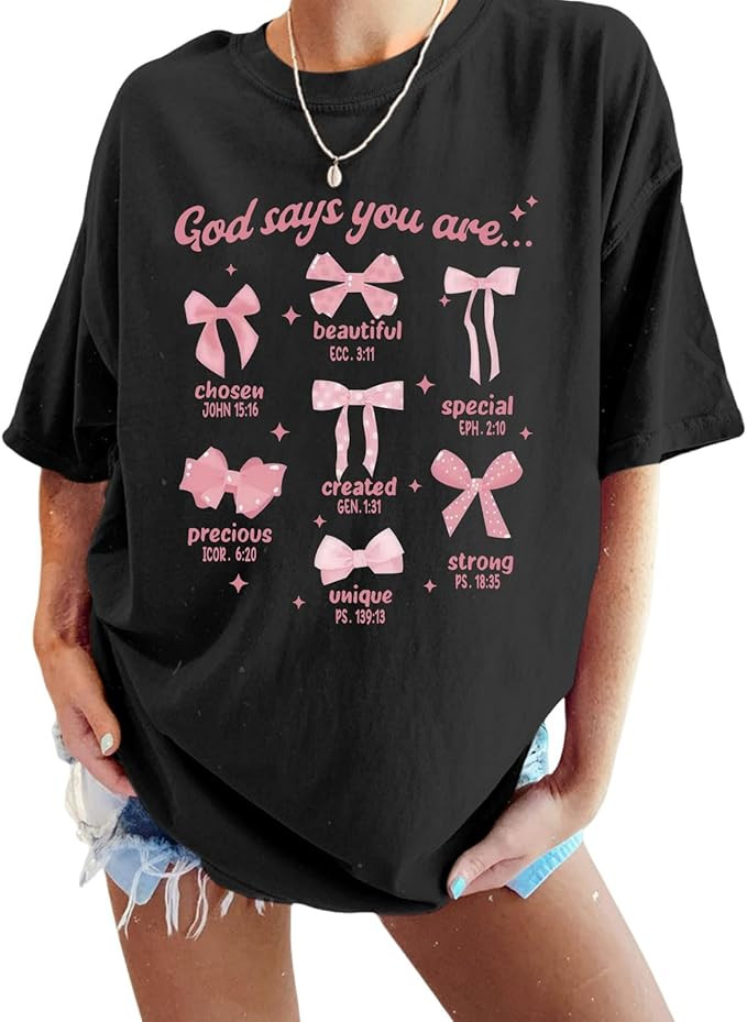 Bow Shirts for Women Oversized Coquette God Shirt Bible Verse Jesus Shirts Cute Graphic Aesthetic... | Amazon (US)
