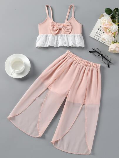 Toddler Girls Bow Front Eyelet Embroidery Cami Top & Tulip Hem Pants
   SKU: sk2204121511710141  ... | SHEIN