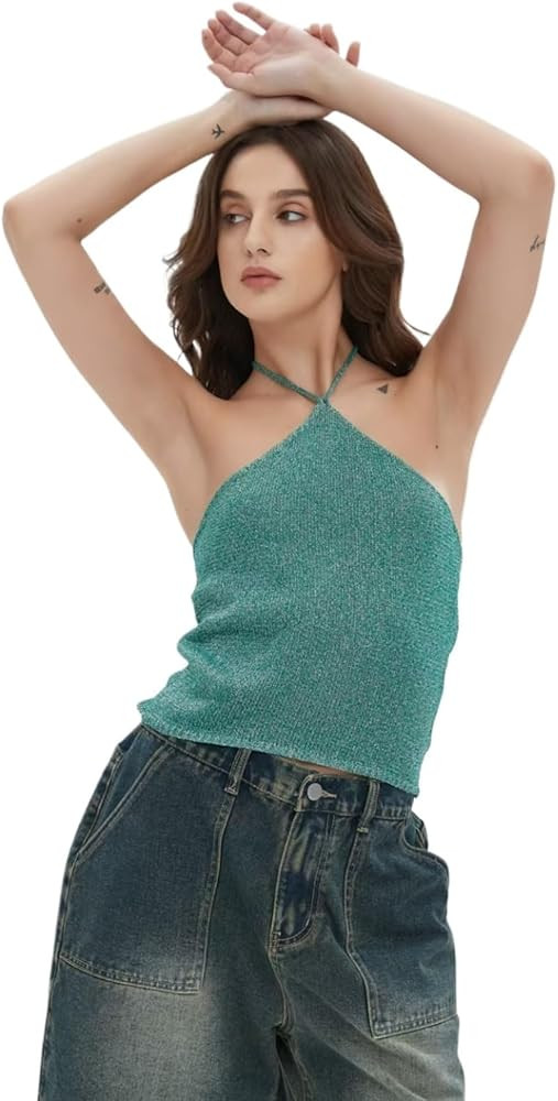 Sparkly Off The Shoulder Backless Top Tie Back Halter Sleevless Spaghetti Strap Tank Y2k Sexy Tre... | Amazon (US)
