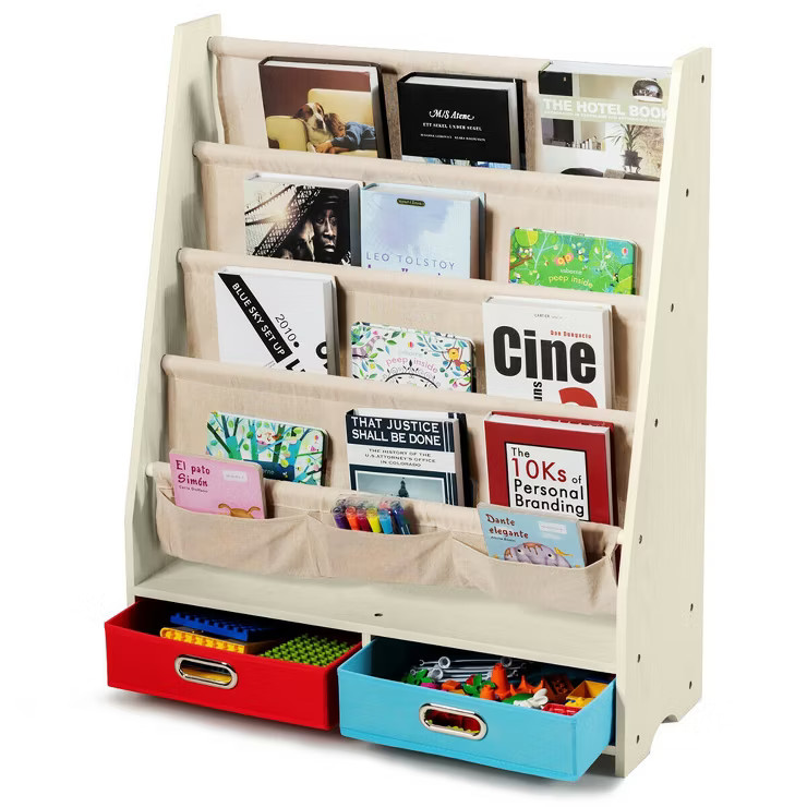 Costway Kids Book Rack Toys Organizer with 4 Sling Bookshelf & 2 Boxes Espresso\Beige | Target