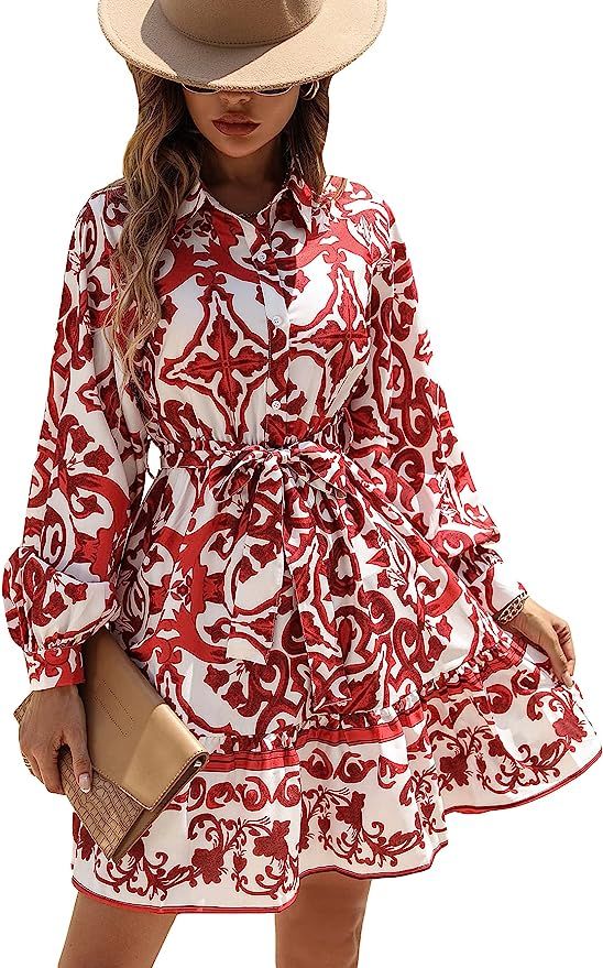 MakeMeChic Women's Floral Lantern Sleeve Button Front Ruffle Hem A Line Flared Belted Short Dress | Amazon (US)