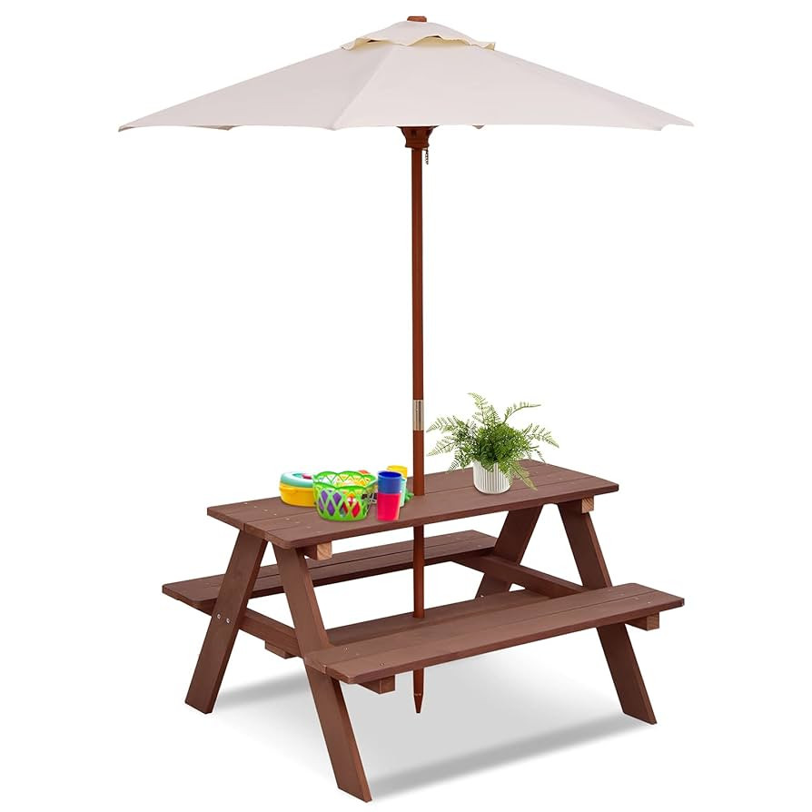 HONEY JOY Kids Picnic Table, Outdoor Wooden Table & Bench Set w/Removable Umbrella, Children Back... | Amazon (US)