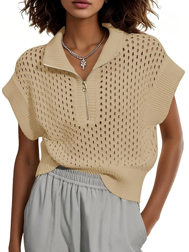 Womens Hollow Out Sweater Vest Summer Casual Quarter Zip Cap Sleeve Crochet Knit Tops | Amazon (US)