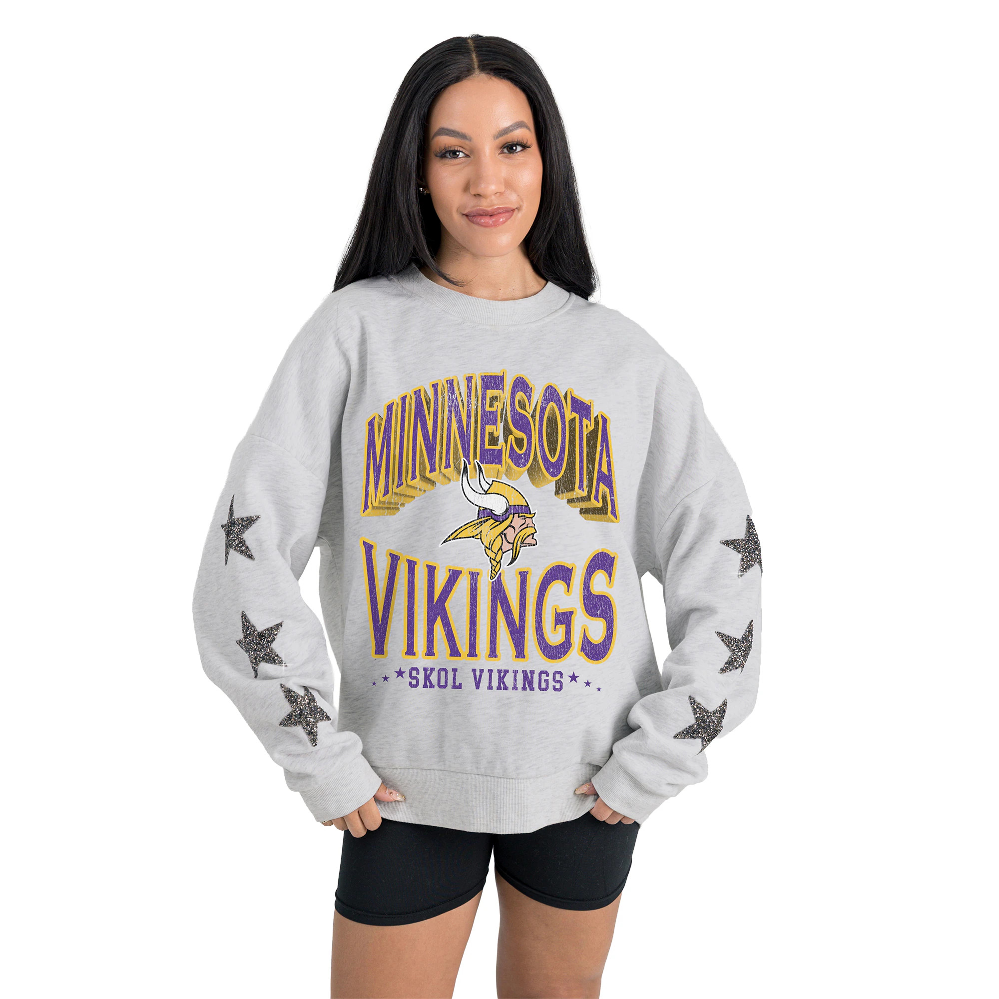 Minnesota Vikings Gameday Couture Women's Resilience Relaxed Rhinestone Pullover Sweatshirt - Ash | Fanatics