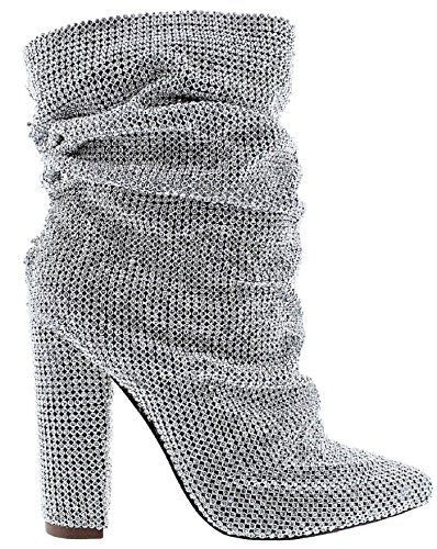 Liliana King Ankle High Rhinestone Crystal Bling Embelished Slouchy Scrunch Boots Silver 7 | Amazon (US)