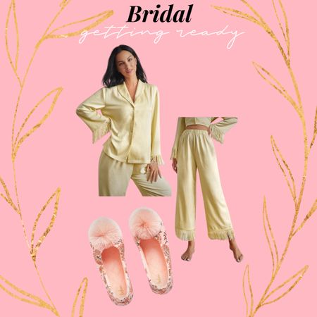 Modern bridal getting ready outfit for the wedding morning with yellow fringe satin pajamas and floral Pom Pom slipper. #ltkbride #bridal 

#LTKunder50 #LTKFind #LTKwedding
