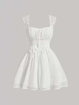 SHEIN MOD Solid Lace Up Ruched Bust Frill Trim Dress | SHEIN
