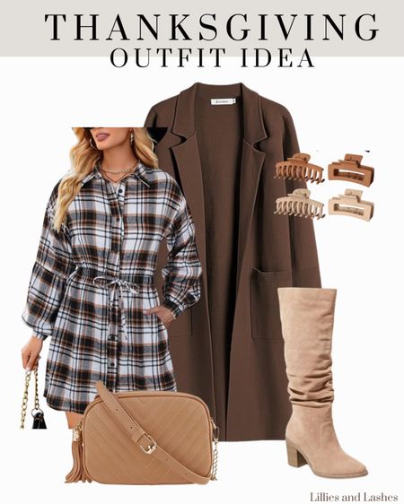 Thanksgiving outfit idea
Fall outfit, coatigan, plaid dress, tall boots