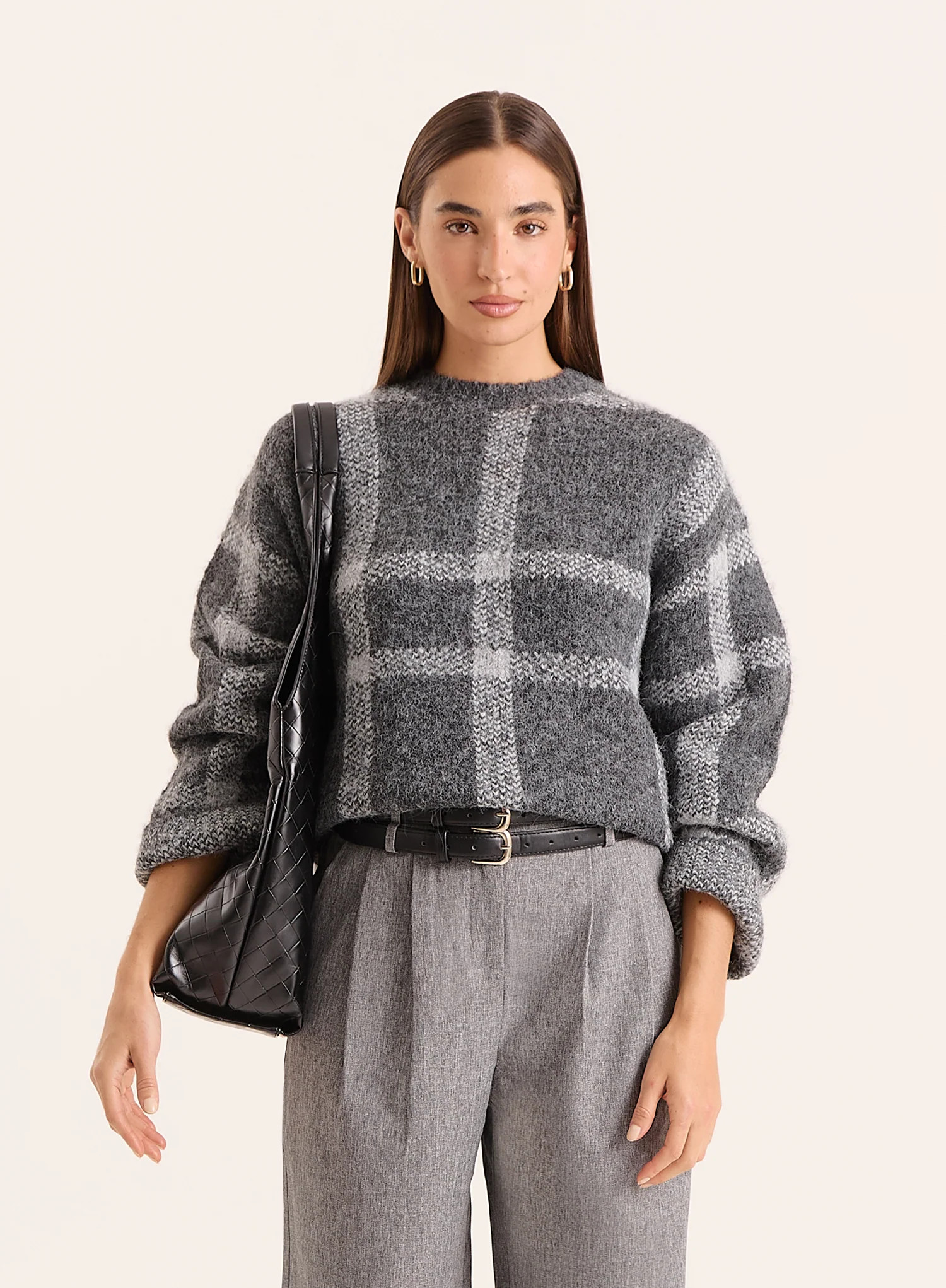 Grey Checked Wide-Sleeved Jumper- Adrian | 4th & Reckless