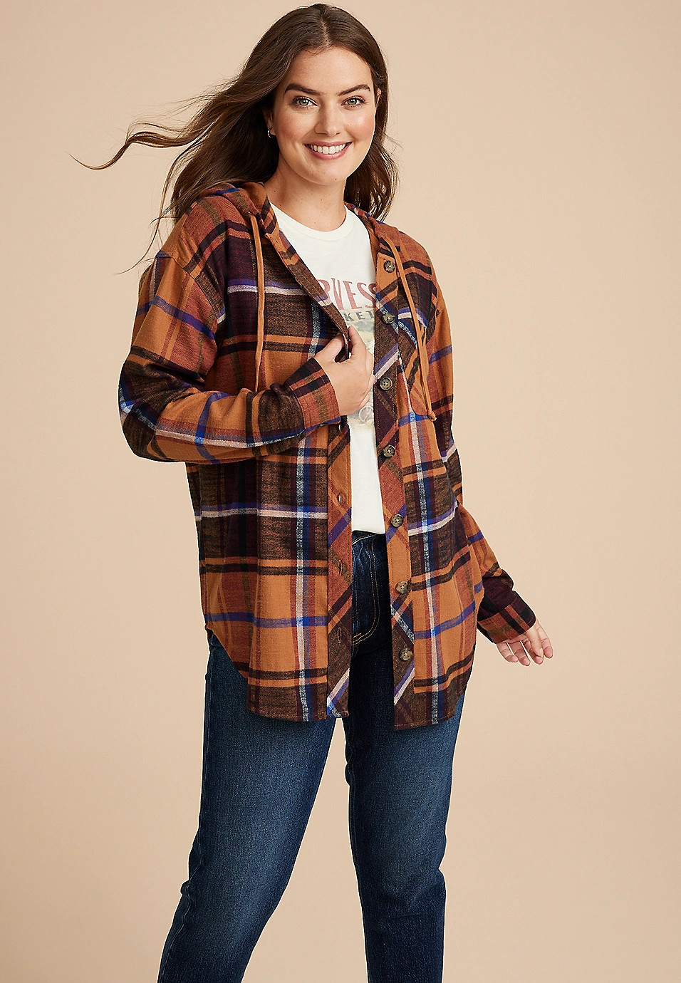 Cabin Plaid Boyfriend Hooded Button Down Shirt | Maurices