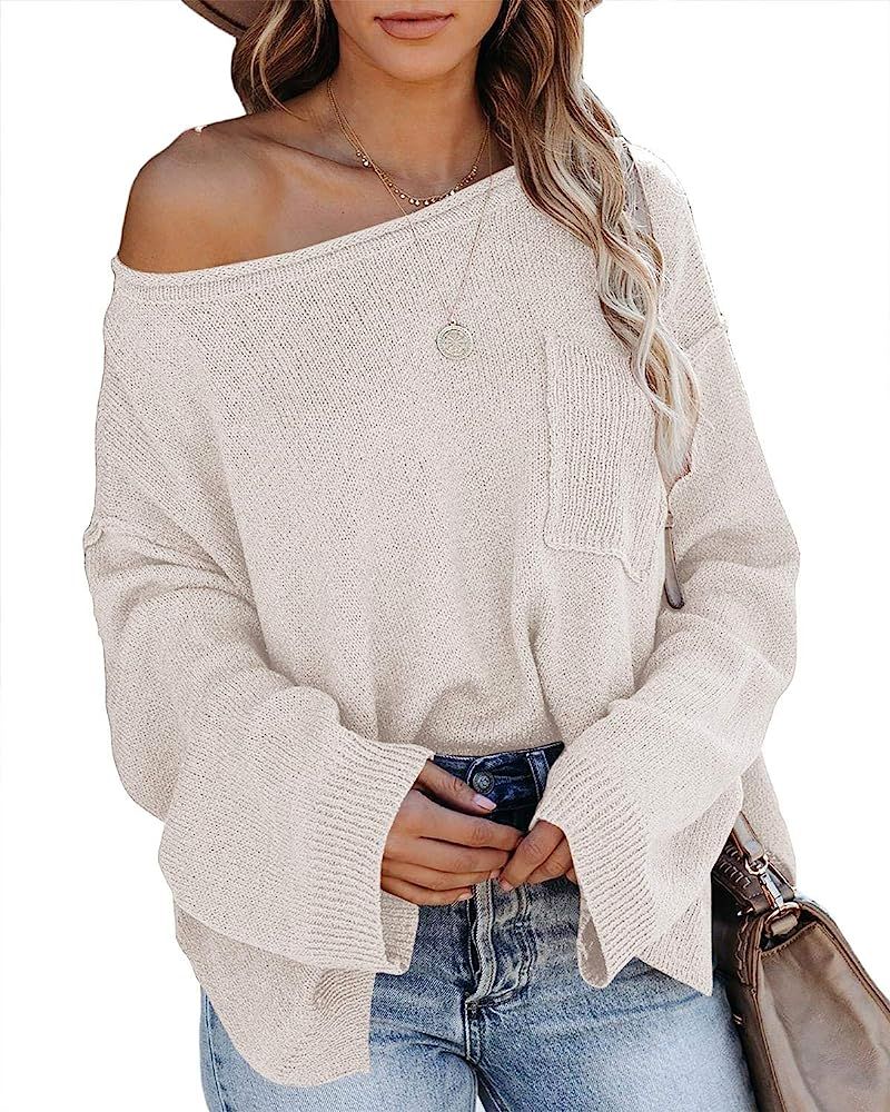 Laseily Women’s Off Shoulder Oversized Pullover Sweaters Bell Sleeve Scoop Neck Loose Knit Jump... | Amazon (US)
