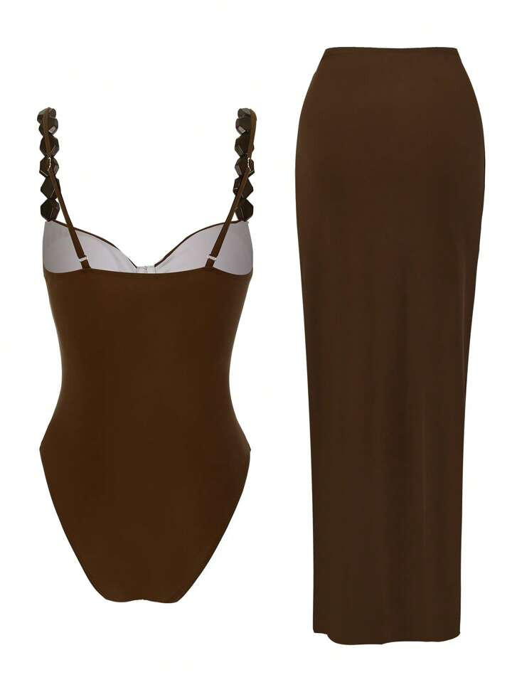 Europe & US Style Solid Color Sexy Women One-Piece Swimsuit Set | SHEIN
