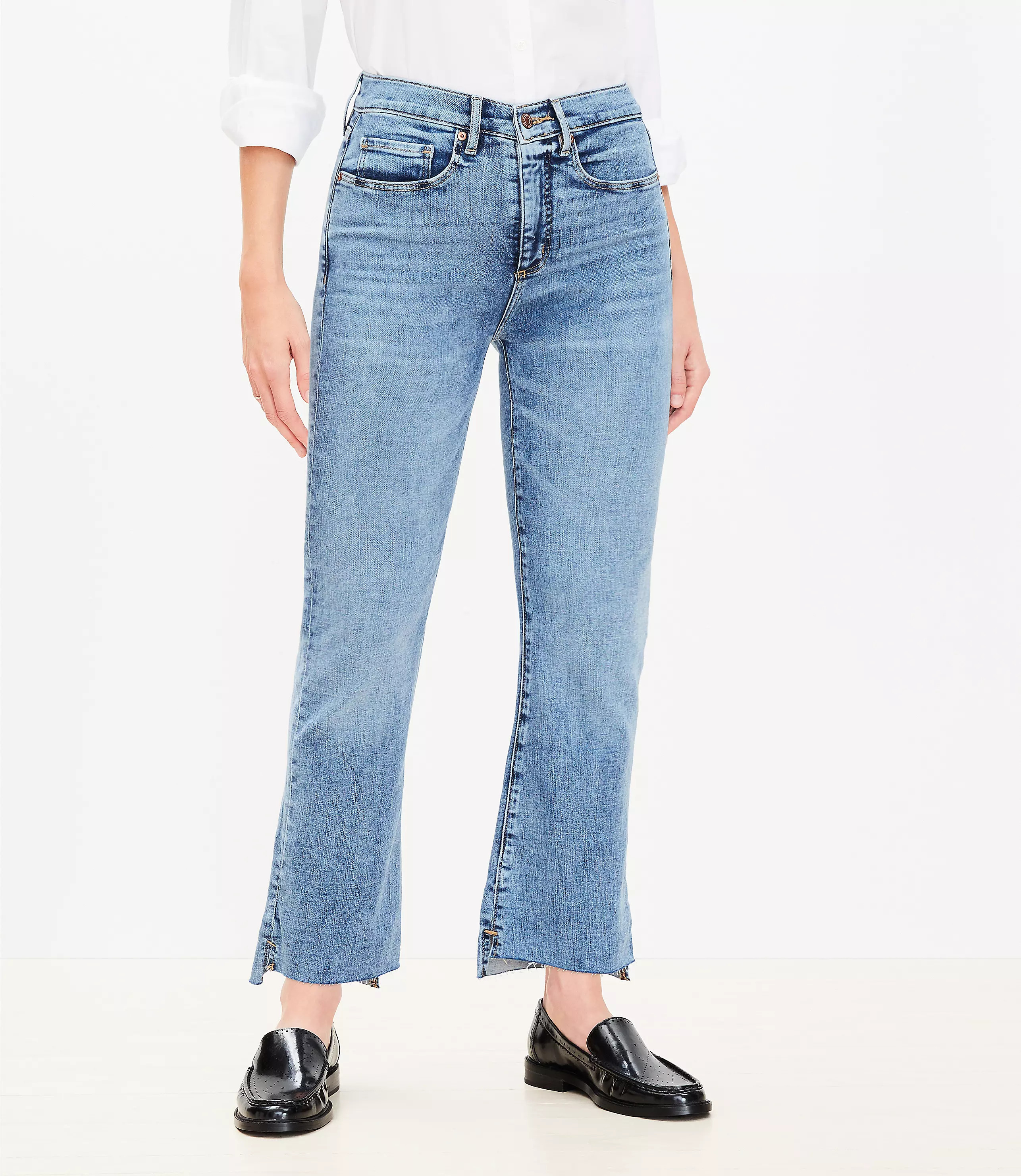 Curvy Step Hem High Rise Kick Crop Jeans in Classic Mid Wash | LOFT