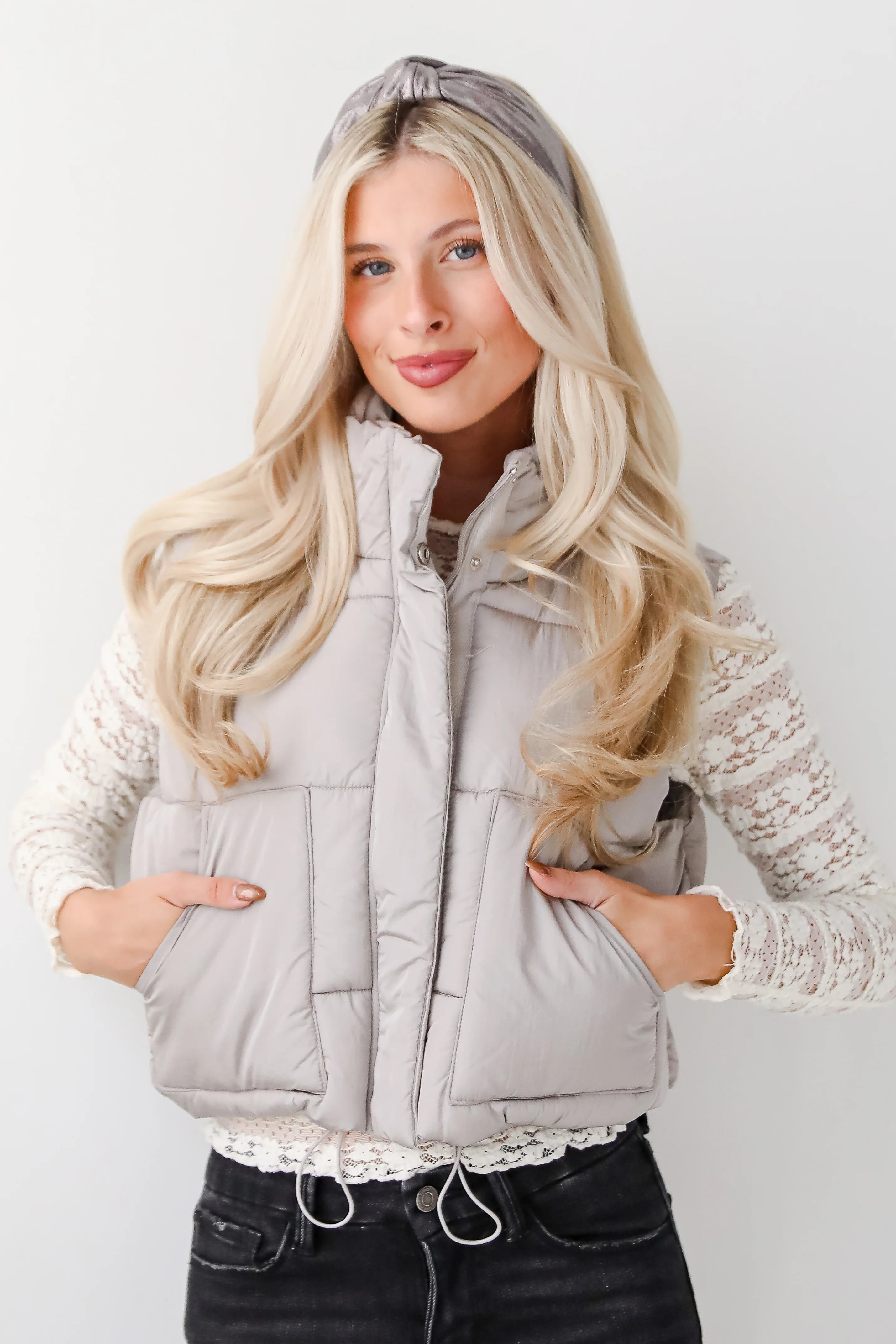 Cozy Light Grey Puffer Vest | Women's Vests | ShopDressUp | Dress Up