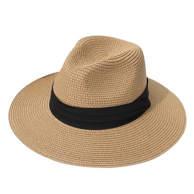 DRESHOW Women Straw Panama Hat Fedora Beach Sun Hat Wide Brim Straw Roll up Hat UPF 50+ | Amazon (US)