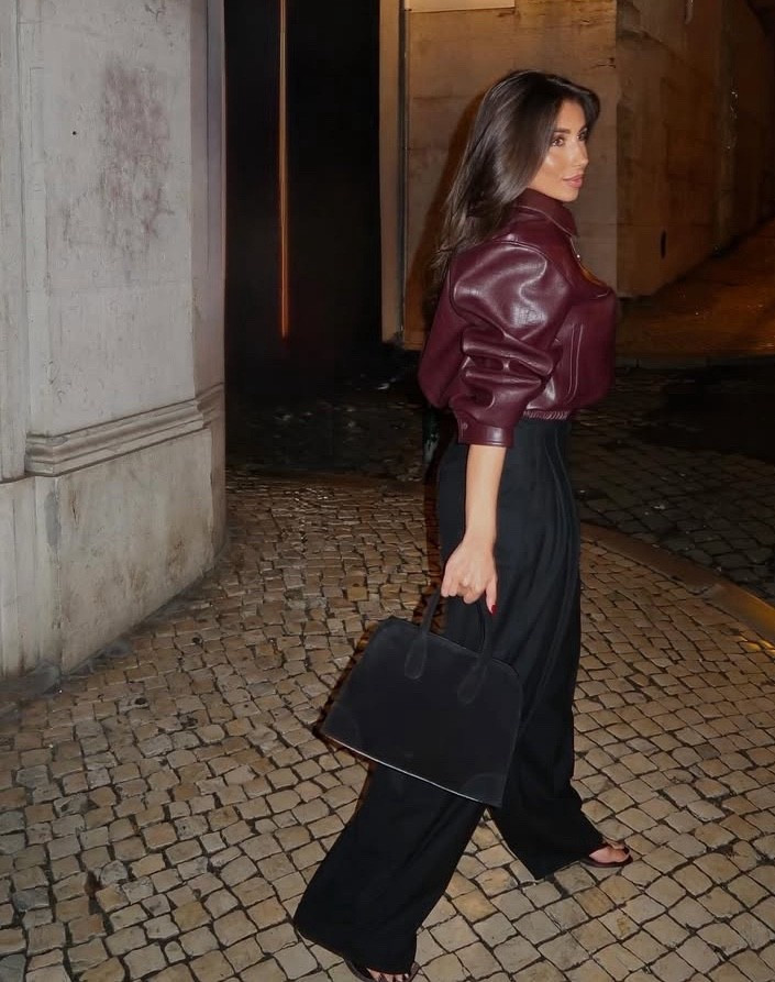 Burgundy cropped leather jacket 

Black wide leg pants 

Black suede bag 

#LTKWorkwear #LTKPetite #LTKHoliday