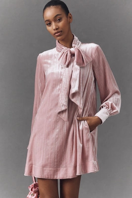 Maeve Long-Sleeve Tie-Neck Crushed Velvet Mini Dress | Anthropologie (US)