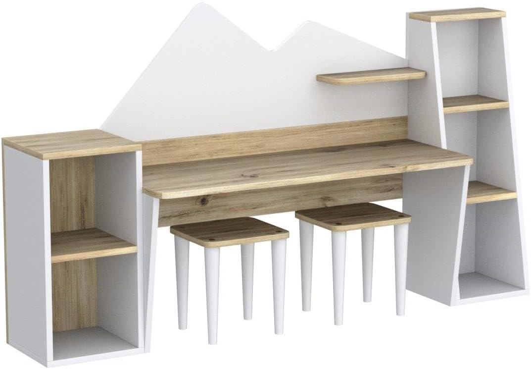 Kid's Study Desk with Bookshelf + 2 Stools for Ages 3-8, Wooden Children Activity Table with Hutc... | Amazon (US)