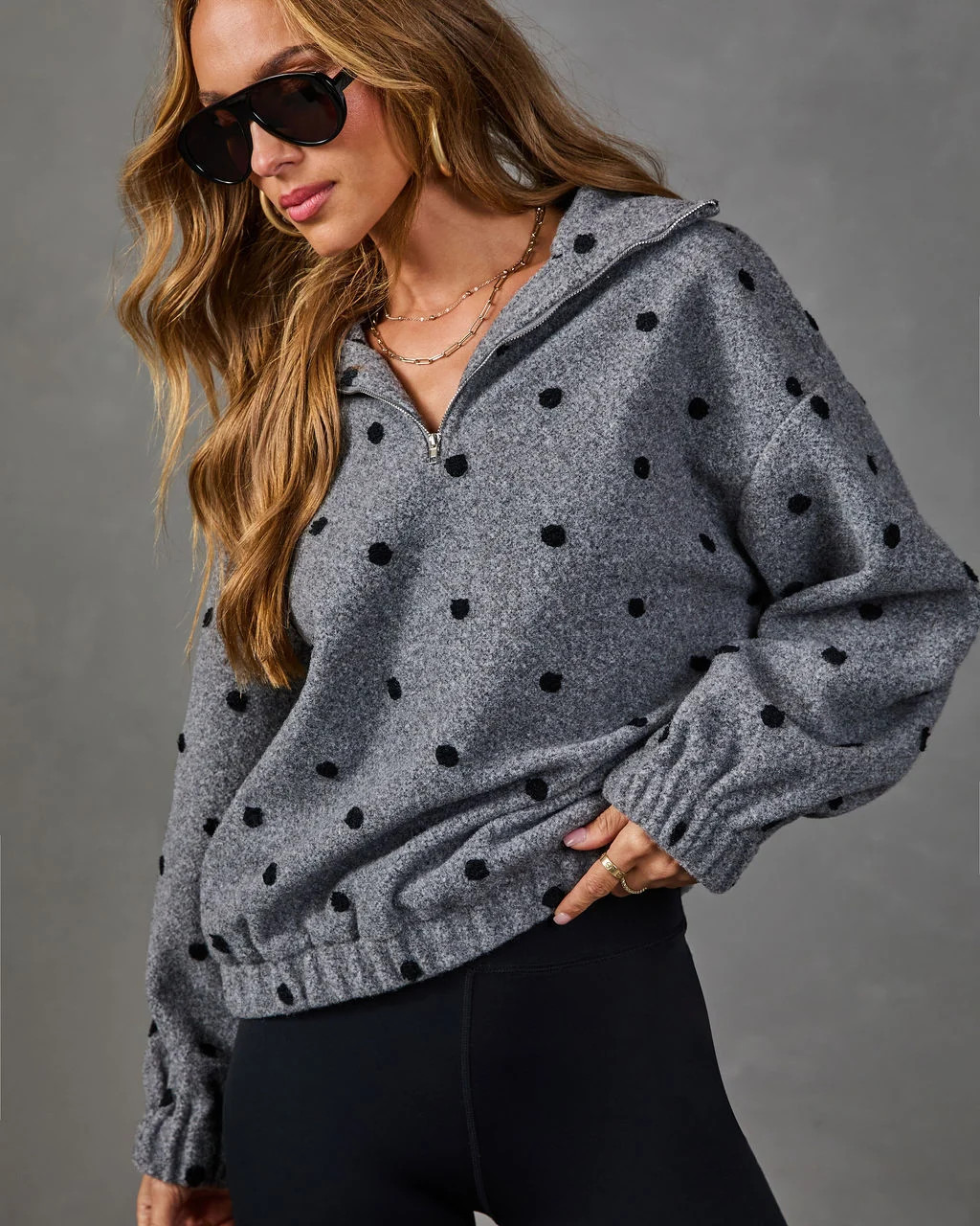 Darling Theory Knit Polka Dot Quarter Zip Sweater Grey Multi / S | VICI