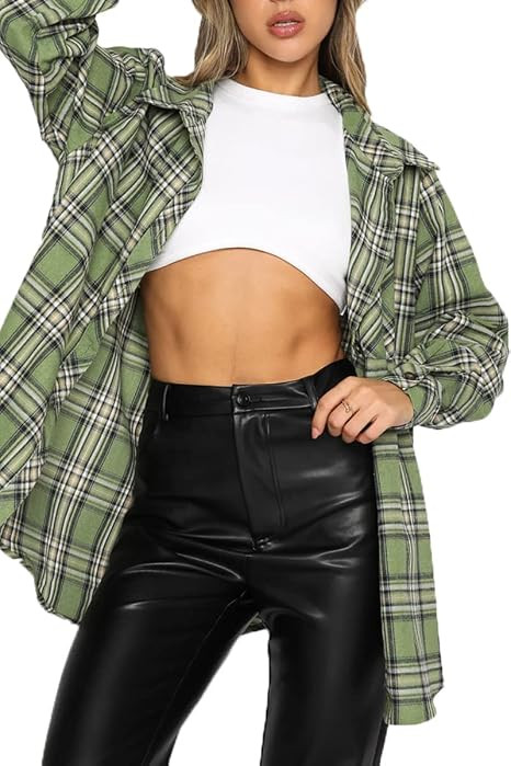 CHYRII Womens Button Down Flannel Shirts Long Sleeve Plaid Shackets Business Casual Blouse Top | Amazon (US)