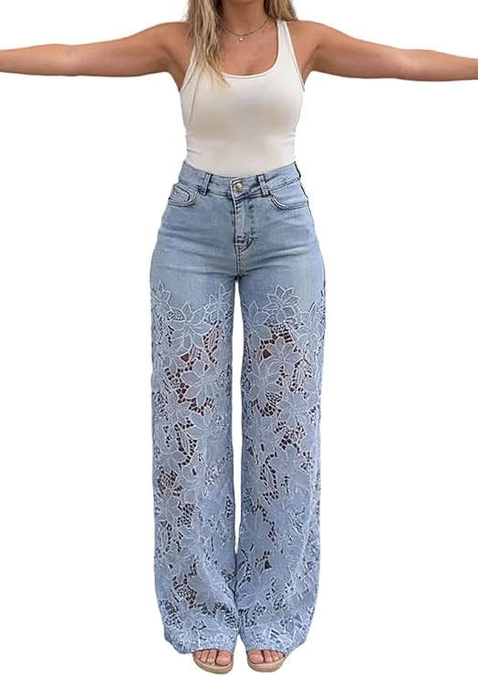 Molisry Women's Lace Floral Jeans Embellished Jeans Hollow Out Straight Leg Trendy Denim Baggy Pa... | Amazon (US)